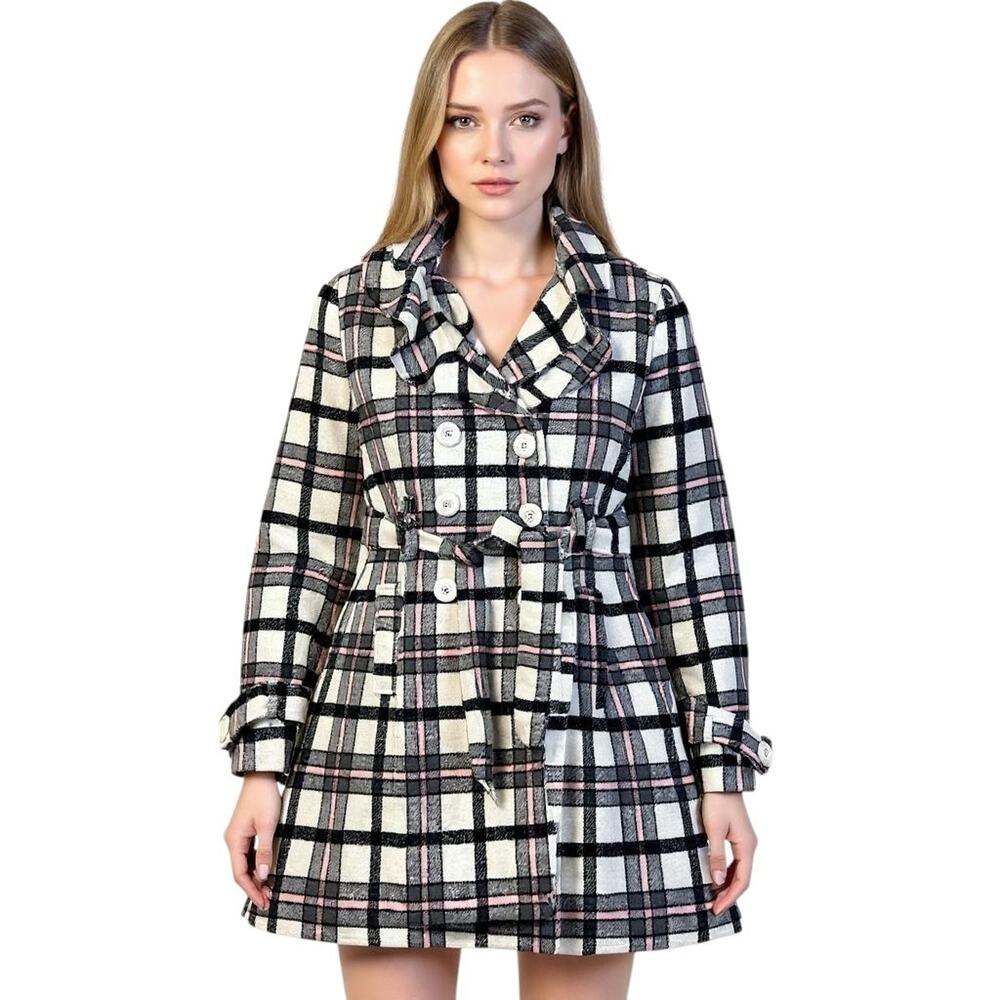 Wet Seal Womens Trench Coat Pink Plaid Jacket Academia Cute Y2K Sz Med Preppy